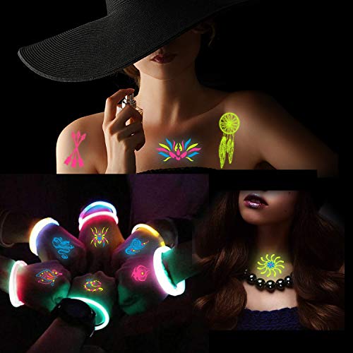 Konsait 7 hojas neón tatuaje temporal para adultos hombres mujeres niños UV Luz Negra Fluorescente maquillaje Pintura Cuerpo Cara Tatuaje para fiesta mano cuello espalda muñeca