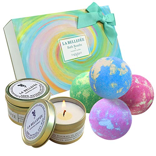 LA BELLEFÉE Bombas de Baño Aromaterapia de Baño Bolas Productos de Baño Imprescindibles, Baño de Burbujas, Sales de Baño,Vela perfumada Juego Set de 6 (4 x Bombas de Baño 2 x Vela perfumada)