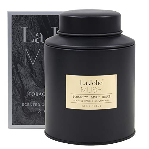 La Jolíe Muse Vela perfumada de Hojas de hiedras de Tabaco Grande 95 Horas 369 g, Cera de Soja Natural, Lata de Metal Negra  