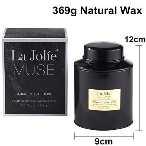 La Jolíe Muse Vela perfumada de Hojas de hiedras de Tabaco Grande 95 Horas 369 g, Cera de Soja Natural, Lata de Metal Negra  