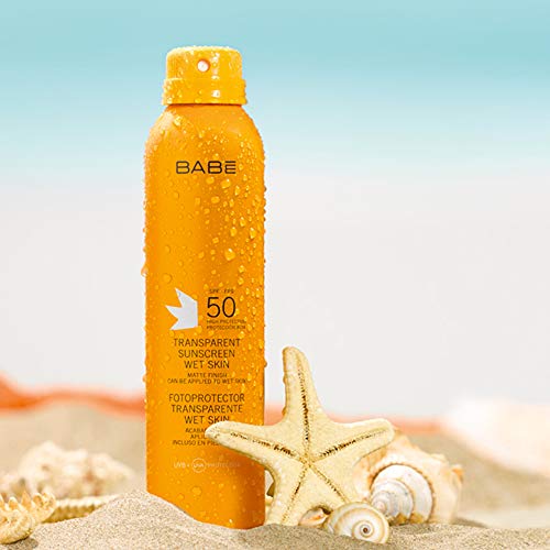 Laboratorios Babé - Fotoprotector Transparente Wet Skin SPF 50 200 ml, Alta Protección Solar, Crema Calmante, Antioxidante, Radiaciones UVA y UVB, Resistente Al Agua, Rápida Absorción