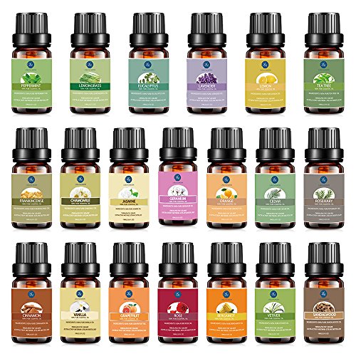 Lagunamoon 20 Aceites Esenciales, Set de Regalo de Aceites de Aromaterapia, Lavanda, Eucalipto, Limón, Romero, Menta, Arból de Té, Vainilla, Aceites Esenciales para Humidificador, 100% Puros