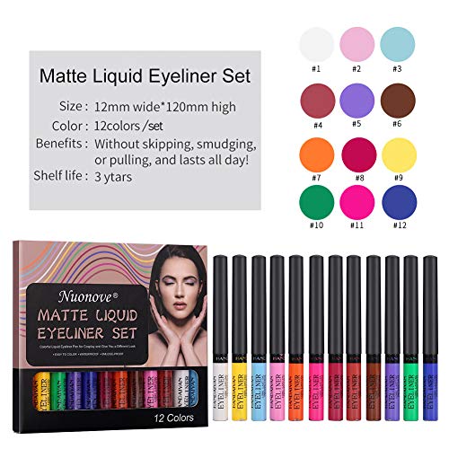 Lápiz Delineador Líquido Mate, Eyeliner Waterproof, Delineador de Ojos Waterproof, Delineador de Ojos de Color, Colorido Liquid Eyeliner Pen para Cosplay, 12 colores