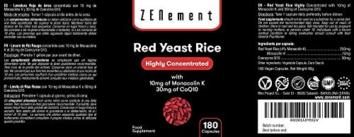 Levadura Roja de Arroz concentrada con 10mg de Monacolina K y 30mg de Coenzima Q10, 180 Cápsulas | Controla los niveles de colesterol sanguíneo | 100% Vegano, libre de citritina y aditivos, sin gluten