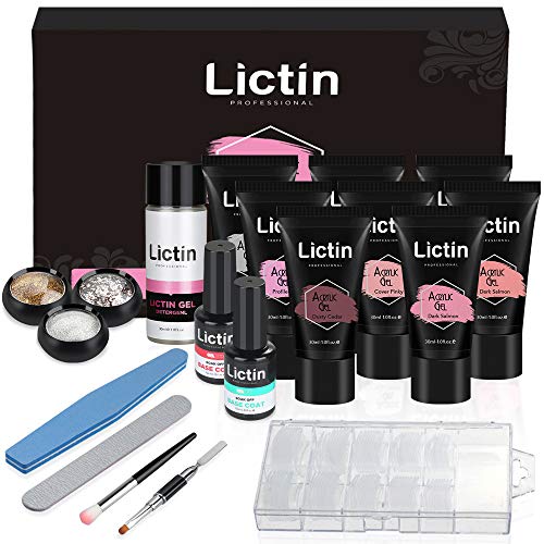 Lictin Kit Gel de Extensión de Uñas- 8 Colores Kit Poly Gel para Uñas con 8 * 30ml Extension Glue , 100 Pcs Uñas, 3 * Polvo de Uñas, Seguro y Fácil, Adecuado Para Manicuristas, Principiantes