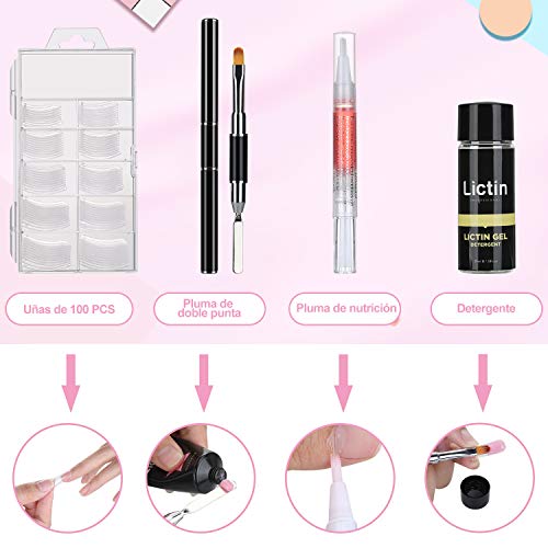 Lictin kit Lampara Uñas de Gel-Lámpara Secador de Uñas UV/LED con 4 * 15ml Extension Glue, 100 Pcs Uñas, 3 * Polvo de Uñas, Seguro y Fácil, Adecuado Para Manicuristas, Principiantes