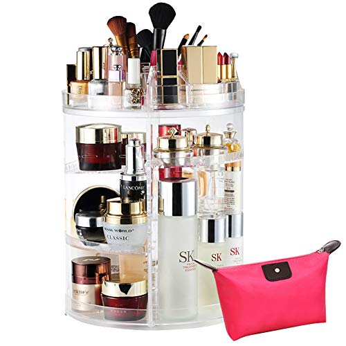 LIVEHITOP Organizador de Maquillaje 360° Giratorio, Grande Capacidad Acrilico Transparente Cosméticos Organizadores con Bolso para Dresser Baño, Regalo Para el Dia de San Valentin Mujer Niña