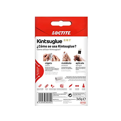 Loctite Kintsuglue, masilla flexible blanca para reparar, reconstruir y proteger objetos, masilla adhesiva moldeable, adhesivo impermeable y removible, 3 x 5 g