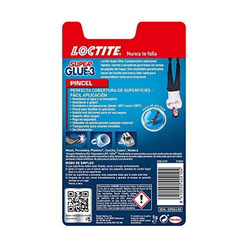 Loctite Super Glue-3 Pincel, pegamento transparente con pincel aplicador, adhesivo universal de triple resistencia, con fuerza instantánea y de fácil uso, 1x5 g