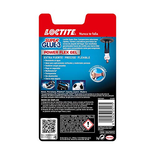 Loctite Super Glue-3 Power Flex, gel adhesivo flexible y resistente, pegamento instantáneo para superficies verticales, pegamento transparente extrafuerte, 1x3 g