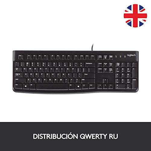 Logitech K120 Teclado con Cable para Windows, Tamaño Normal, Resistante a Líquido, Barra Espaciadora Curvada, PC/Portátil, Disposición QWERTY Español, color Negro