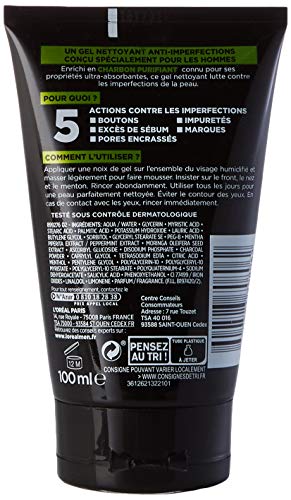 L'Oréal Men Expert - Pur Charbon - Gel Nettoyant Multi-Purifiant Visage Homme - Peaux Grasses - 100 ml