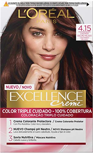 L'Oréal Paris Excellence - Crema Colorante Permanente Triple Cuidado con Pro-Keratina y Savia Nutritiva, Tono 4.15 Castaño Oscuro Helado