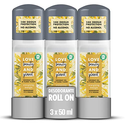 Love Beauty and Planet Desodorante Roll-on Love, Aceite de Coco e Ylang Ylang Vegano - Pack de 3 x 50 ml (Total: 150 ml)