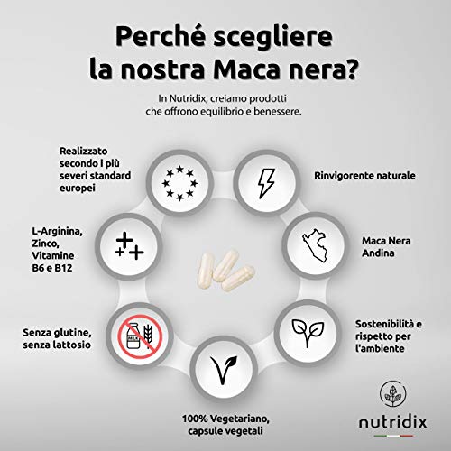 Maca Negra Andina 1.200mg por Dosis - Extracto Equivalente a 24.000 mg de Maca Planta concentrada 20:1 - Fórmula 100% Vegetariana con L-Arginina, Vitamina B6, B12 y Zinc - 120 Cápsulas Nutridix