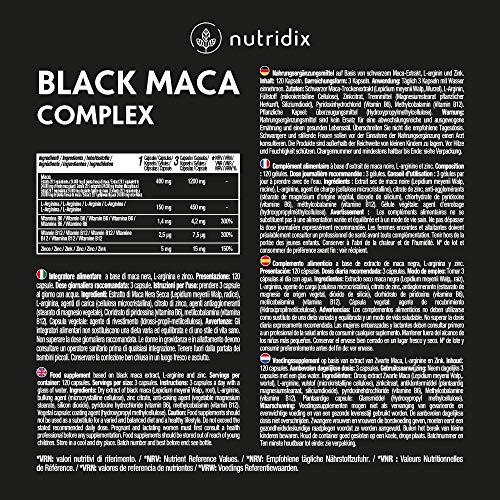 Maca Negra Andina 1.200mg por Dosis - Extracto Equivalente a 24.000 mg de Maca Planta concentrada 20:1 - Fórmula 100% Vegetariana con L-Arginina, Vitamina B6, B12 y Zinc - 120 Cápsulas Nutridix