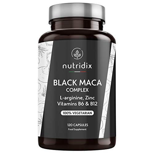 Maca Negra Andina 1.200mg por Dosis - Extracto Equivalente a 24.000 mg de Maca Planta concentrada 20:1 - Fórmula 100% Vegetariana con L-Arginina, Vitamina B6, B12 y Zinc - 120 Cápsulas Nutridix