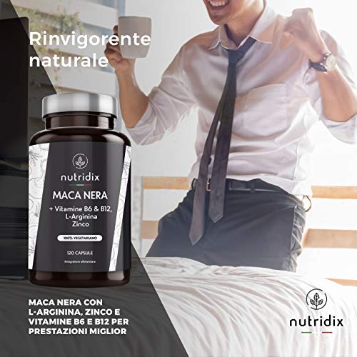 Maca Negra Andina 1.200mg por Dosis - Extracto Equivalente a 24.000 mg de Maca Planta concentrada 20:1 - Fórmula 100% Vegetariana con L-Arginina, Vitamina B6, B12 y Zinc - 120 Cápsulas Nutridix