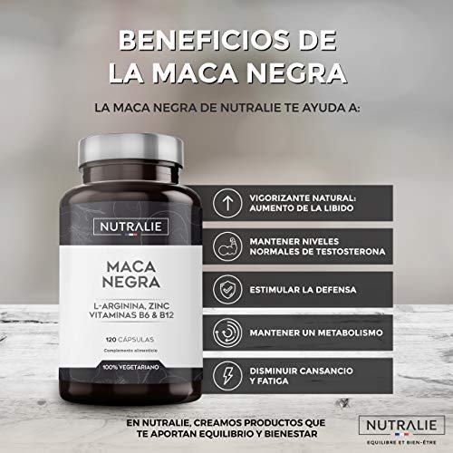 Maca Negra Andina equivalente a 24.000mg por cada dosis de 1200mg con L-Arginina, Zinc y Vitaminas B6 B12 | 120 cápsulas vegetales de Maca altamente concentrada 20:1 | Nutralie