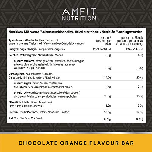 Marca Amazon- Amfit Nutrition Barra de proteína baja en azúcar (19,8gr proteina - 2.1gr azúcar) - chocolate y naranja - Pack de 12 (12x60g)