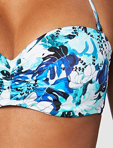 Marca Amazon - IRIS & LILLY Top de Bikini con Estampado de Flores Mujer, Azul (Blue Leaf), L, Label: L