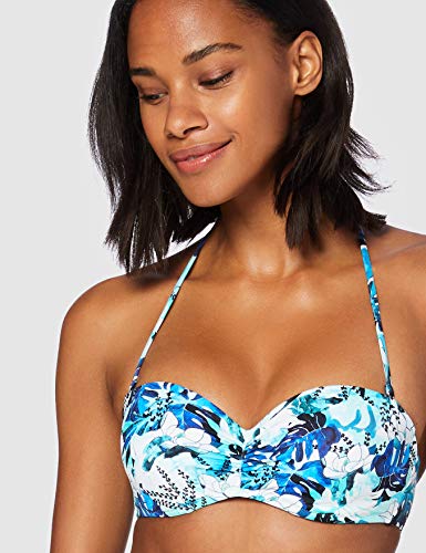 Marca Amazon - IRIS & LILLY Top de Bikini con Estampado de Flores Mujer, Azul (Blue Leaf), L, Label: L