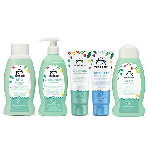 Marca Amazon- Mama Bear Set para los bebés: Gel de baño, champú, crema para el cambio del pañal, aceite, crema para la cara y el cuerpo