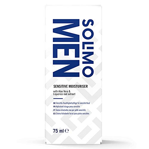 Marca Amazon - Solimo Men Crema hidratante facial Sensitive con aloe vera y extracto de raíz de regaliz, 4x75ml