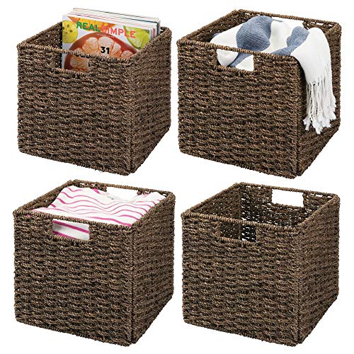 mDesign Juego de 4 cajas de almacenaje – Cajas organizadoras plegables hechas de junco marino – Cestas de almacenaje ideal para ropa, juguetes o revistas – Canastas con patrón trenzado – color castaño