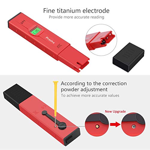 Medidores de pH,Preciva Medidor de Prueba de Calidad del Agua digital con Pantalla LCD Retroiluminada,4 Batería Incluida y con 4 paquetes de Polvos de Calibración para Neutralizar el líquido