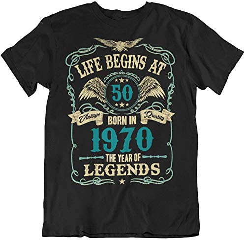 Mens 50th Birthday Gift - Life Begins at 50 Mens T-Shirt - Born in 1970 (X-Large, Black)