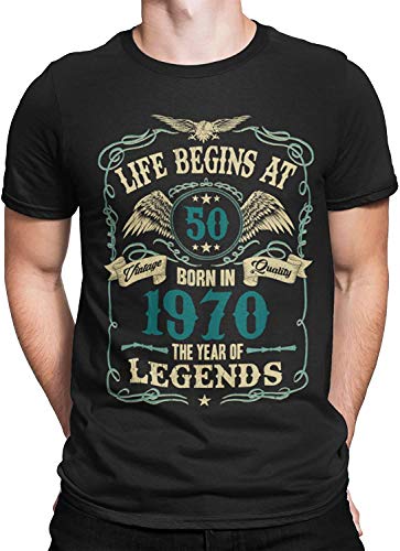 Mens 50th Birthday Gift - Life Begins at 50 Mens T-Shirt - Born in 1970 (X-Large, Black)