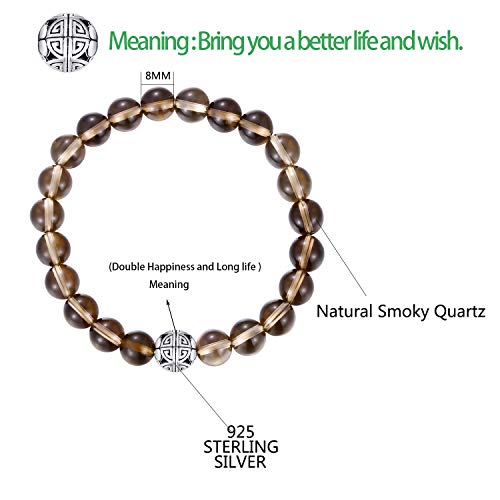 MetJakt Natural 8mm Piedras Preciosas Curación Crystal Stretch Moldeado Pulsera Brazalete con Plata de Ley 925 Doble Felicidad Colgante (Rauchquarz)