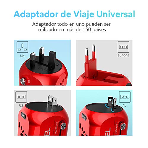 milool Adaptador Enchufe, Adaptador de Viaje Enchufe Universal Carga rápida Tres Puertos (2.4A) Seguridad de Doble fusibles para Enchufes con EU,AU,Asia,US,UK Acerca de 150 Países -（Rojo）