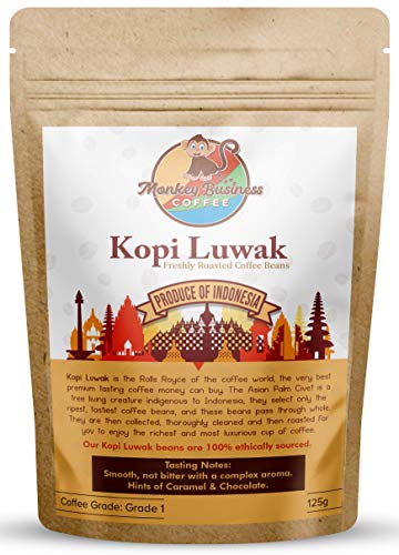 Monkey Business Coffee - Frijoles Integrales De Café Kopi Luwak Salvaje - 125 Gramos (Otros Pesos Y Tipos De Frijoles Disponibles) - Fuente Sostenible (De Indonesia)