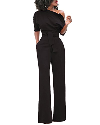 Mono Mujer Talla Grande Jumpsuits Elegante One-Hombro Pantalones Pierna Ancha con Cinturón Negro XXL