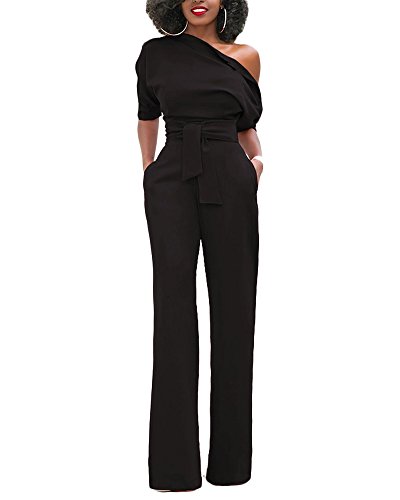 Mono Mujer Talla Grande Jumpsuits Elegante One-Hombro Pantalones Pierna Ancha con Cinturón Negro XXL