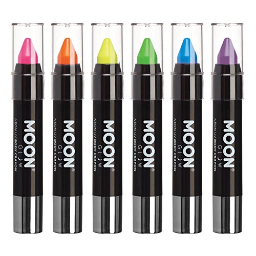 Moon Glow - Barra de pintura facial/Maquillaje de cera corporal lápiz de cuerpo UV neón para rostro y cuerpo – Pastel set de 6 colores - Brilla intensamente bajo la luz UV