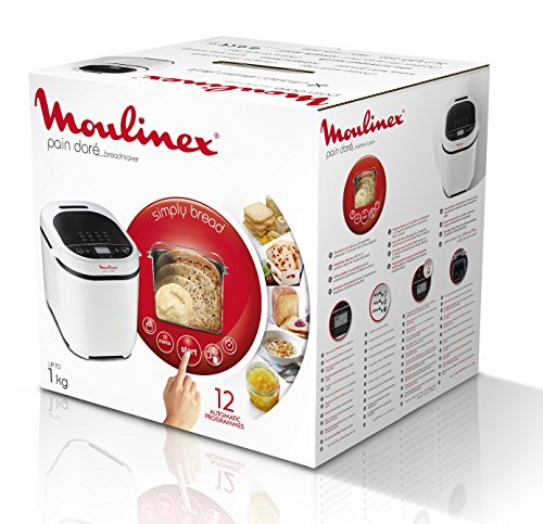 Moulinex OW2101Pain Doré - Panificadora 1Kg, pantalla LCD, 12 programas automáticos, bizcochos, masas, mermeladas y cremas avena, sin gluten, 3 opciones de tostado y peso, incluye libro de recetas