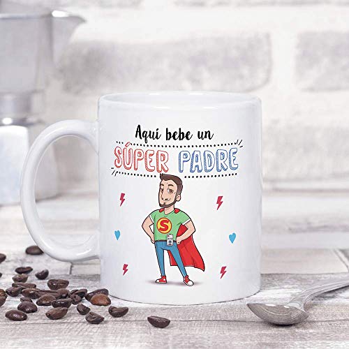 MUGFFINS Taza Papá - Aquí Bebe un Super Padre - Taza Desayuno/Idea Regalo Día del Padre. Cerámica 350 mL