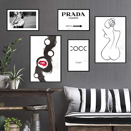 murando Poster Conjunto de 5 Carteles Colección de Posters Cuadro Impresos Póster con Motivos Artísticos Galería de Pared Serie de Carteles Negro Blanco Arte Coco Prada Abstracto Labios Fashion