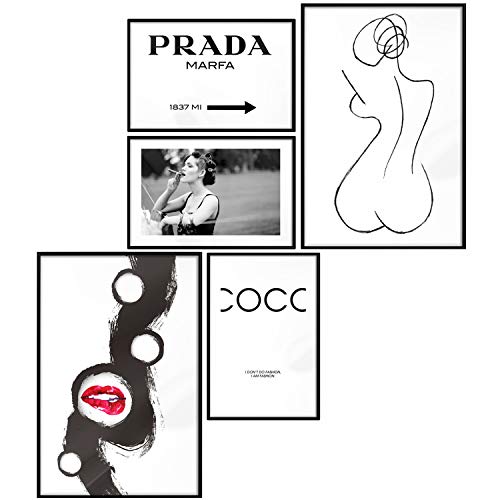 murando Poster Conjunto de 5 Carteles Colección de Posters Cuadro Impresos Póster con Motivos Artísticos Galería de Pared Serie de Carteles Negro Blanco Arte Coco Prada Abstracto Labios Fashion