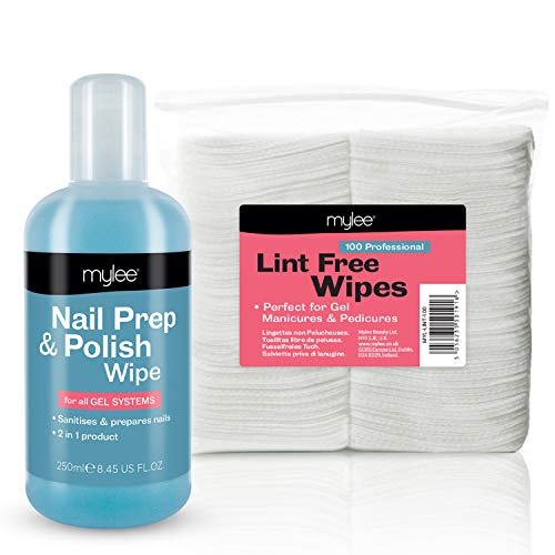 Mylee Kit Gel Limpiador de Residuos Prep & Wipe 250ml + 100 Toallitas de Algodón Sin Pelusa, Cuidado para la Preparación y Acabado de las Uñas, Limpia y Desinfecta la Capa Pegajosa