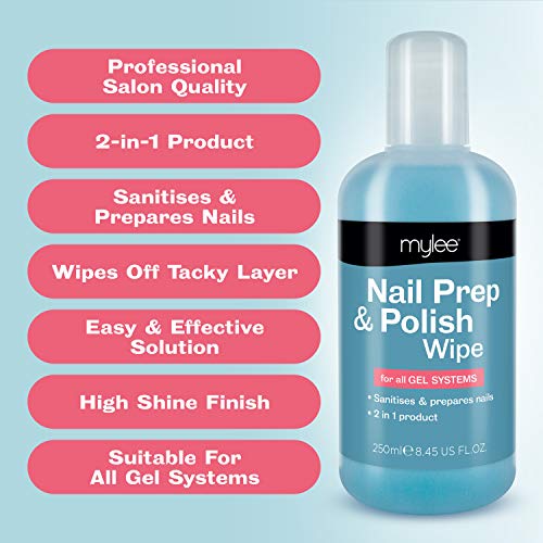 Mylee Toallita Prep & Wipe de Gel Limpiador de Uñas + Acetona Limpiadora y Removedora de Manicura UV LED de 2X250ml