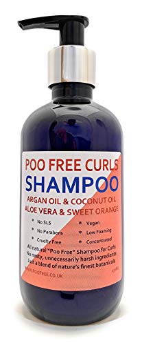 NATURAL - CHAMPÚ para CABELLO RIZADO - Con ACEITE DE ARGÀN, COCO Y NARANJA DULCE - 250ml - por POO FREE - Sin Sulfatos, Sin Parabenos, Sin Silicona. Concentrado, Fàcil de Enjuagar.