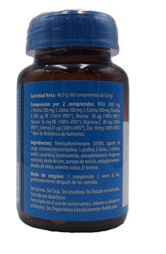 Naturmil Anticaída del Cabello, Biotina, MSM, Prolina, Lisina, Niacina, Zinc, Selenio, Vitamina A y C, para uñas fuertes piel sana, sin gluten, apto veganos, no GMO. crecimiento rápido del cabello