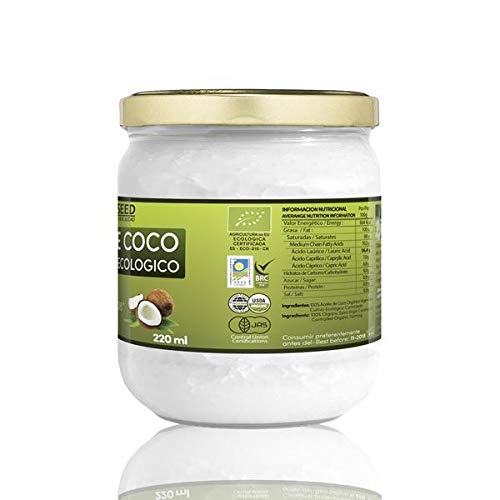 Naturseed Aceite de coco - Virgen Extra Organico, Ecologico - Puro, Natural - 220ml - Para el Cabello y El Cuerpo, Facial, Dientes , Bebes, Para Cocinar - Masaje con Aceites Esenciales - Ebook Gratis