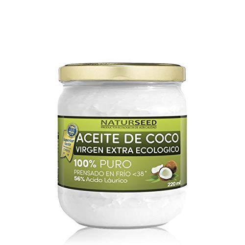 Naturseed Aceite de coco - Virgen Extra Organico, Ecologico - Puro, Natural - 220ml - Para el Cabello y El Cuerpo, Facial, Dientes , Bebes, Para Cocinar - Masaje con Aceites Esenciales - Ebook Gratis