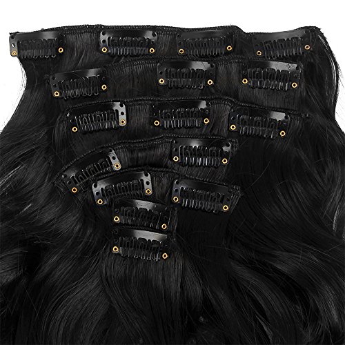 'Never País Beauty 22 Full de cabeza de clip en el pelo de verlangerungen Ombre Wavy Curly DIP Dye 7pcs 16 Clips Hair Extensions Hair Piece Natural Black