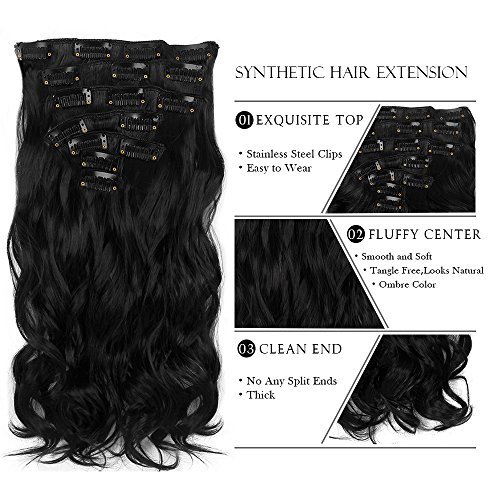 'Never País Beauty 22 Full de cabeza de clip en el pelo de verlangerungen Ombre Wavy Curly DIP Dye 7pcs 16 Clips Hair Extensions Hair Piece Natural Black